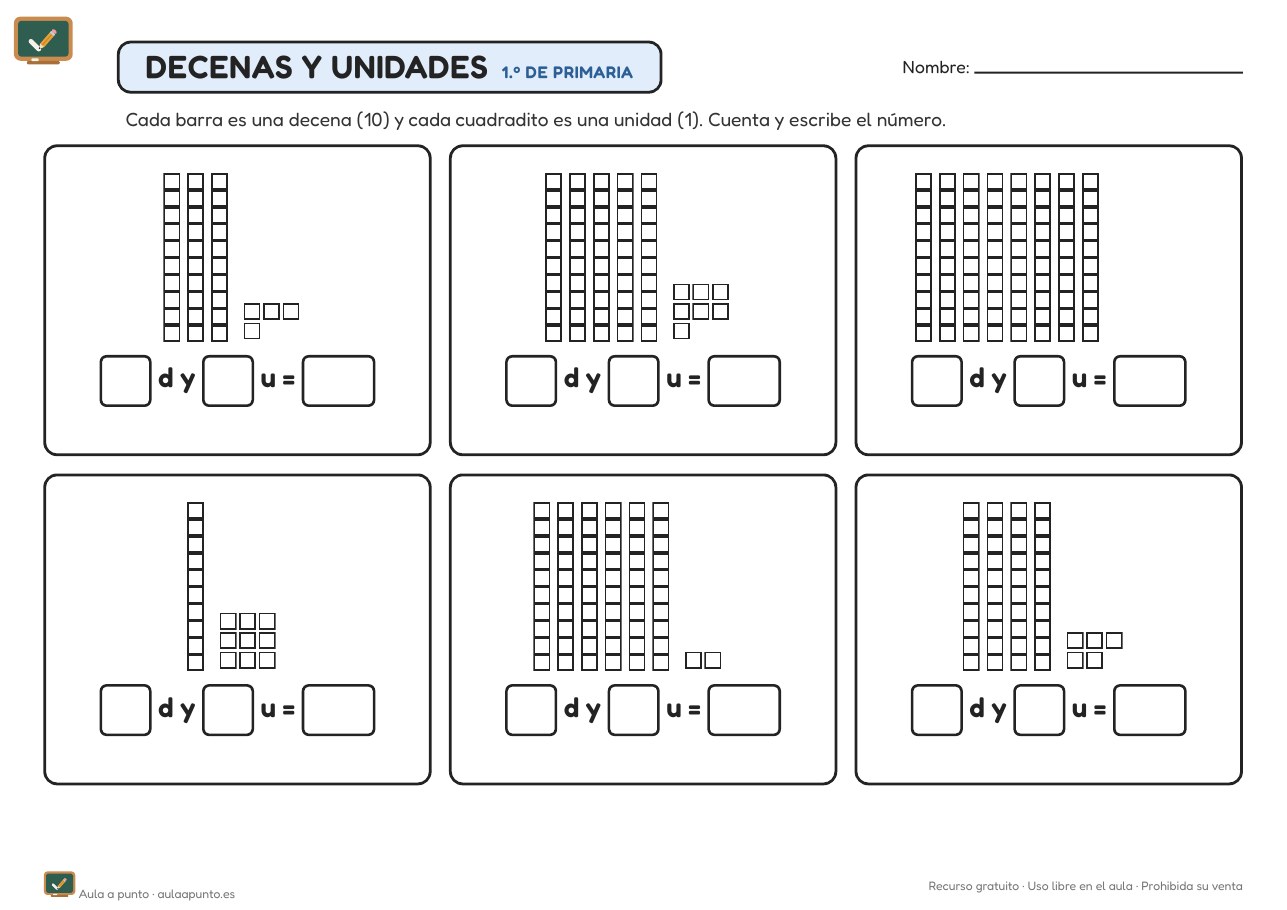 Fichas de decenas y unidades para 1.º de Primaria (con soluciones)