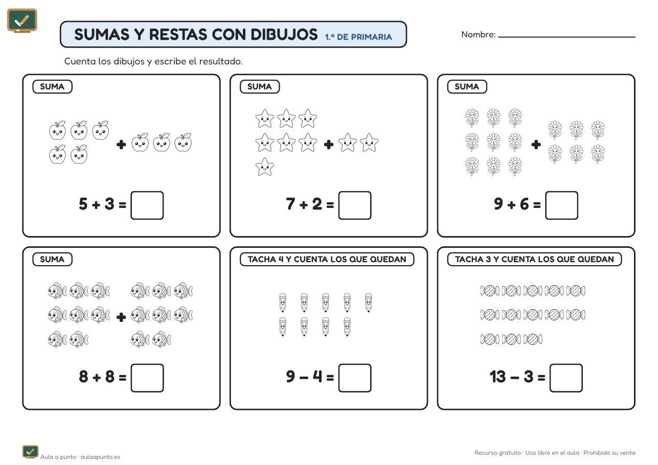 Fichas de sumas y restas hasta 20 para 1.º de Primaria (con soluciones)
