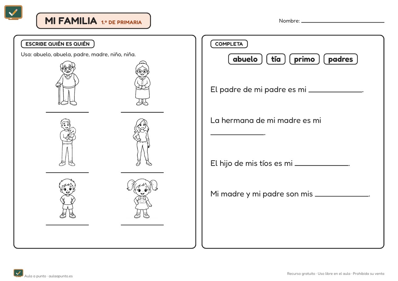 Ficha de la familia y la casa para 1.º de Primaria (con soluciones)