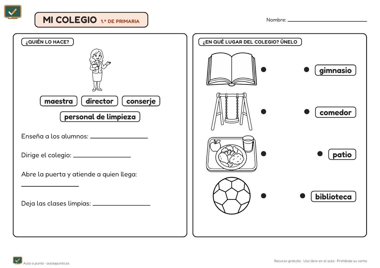 Ficha de mi colegio para 1.º de Primaria (con soluciones)