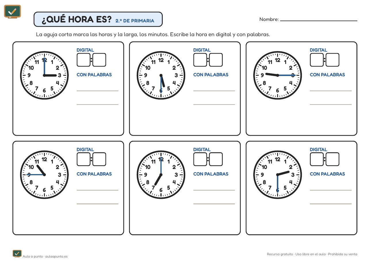 Fichas de la hora para 2.º de Primaria (con soluciones)