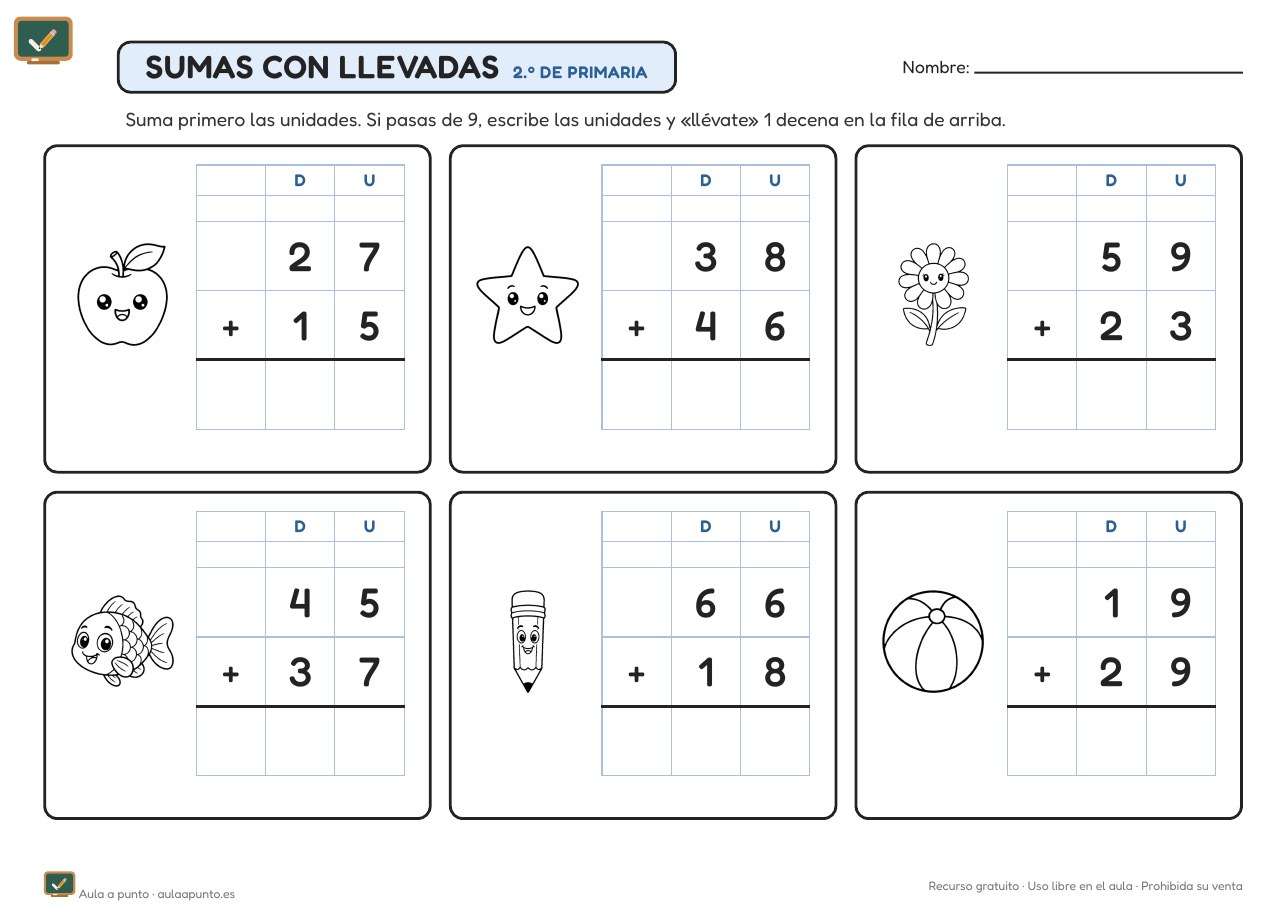 Sumas y restas con llevadas para 2.º de Primaria (con soluciones)