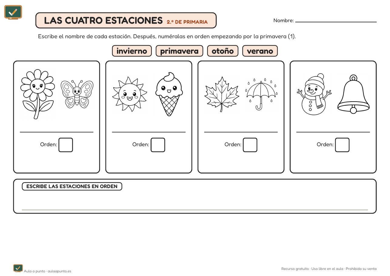 Ficha de las estaciones del año para 2.º de Primaria (con soluciones)