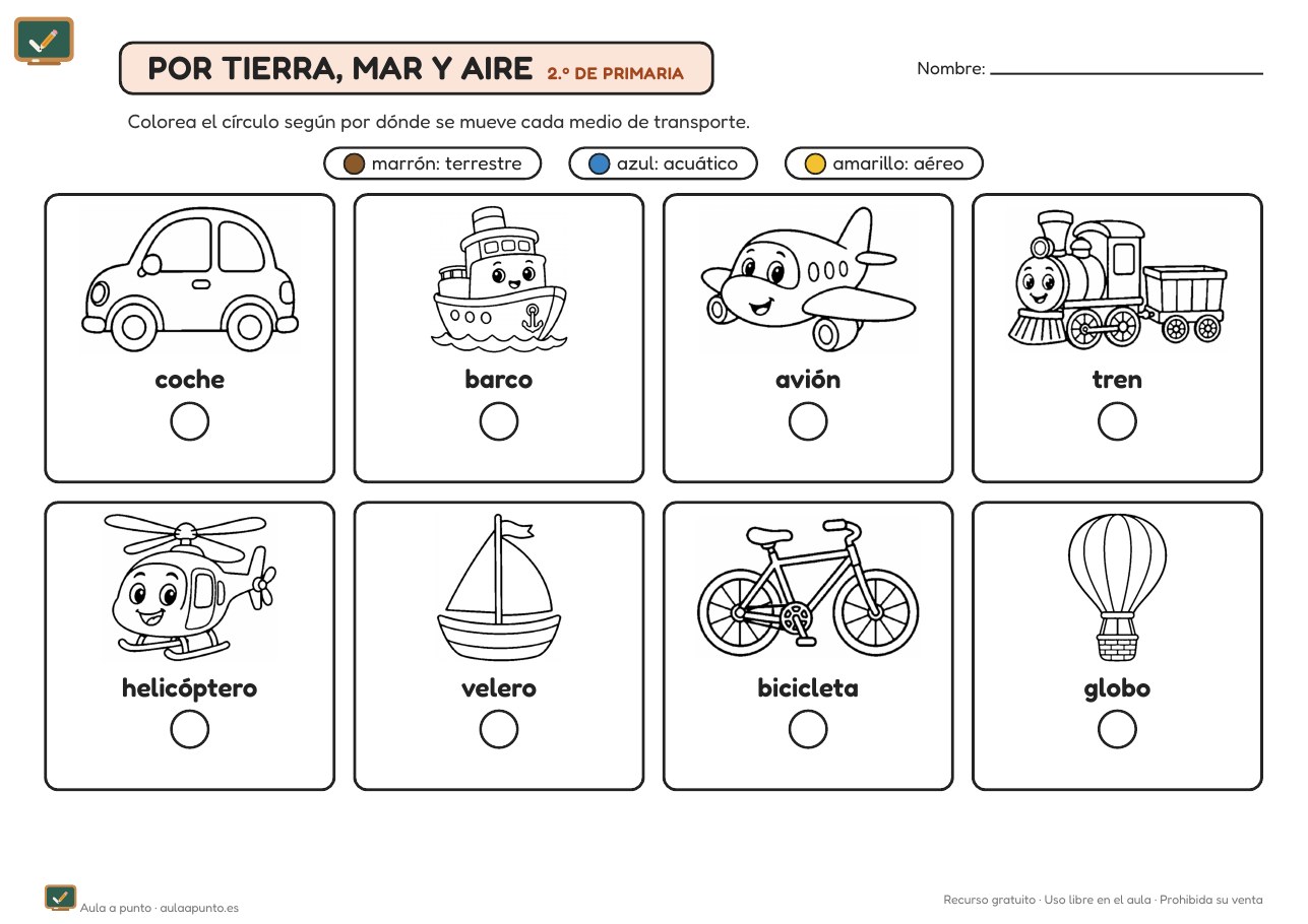 Ficha de los medios de transporte para 2.º de Primaria (con soluciones)