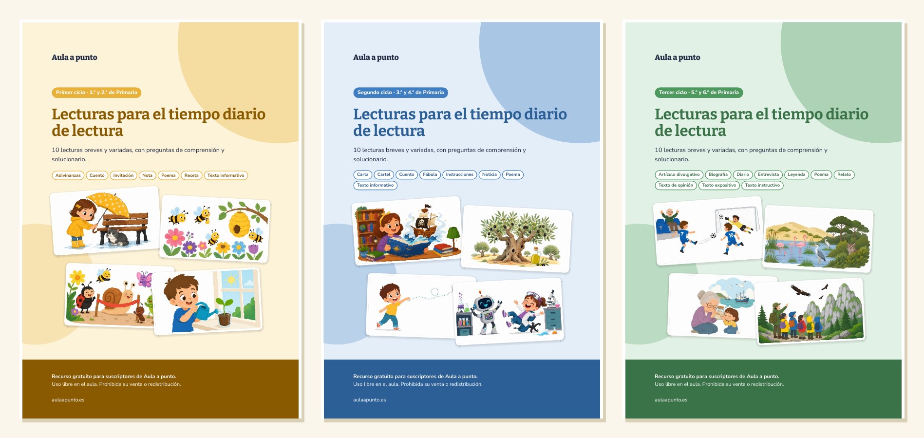 Portadas de los tres cuadernillos de lecturas: primer, segundo y tercer ciclo