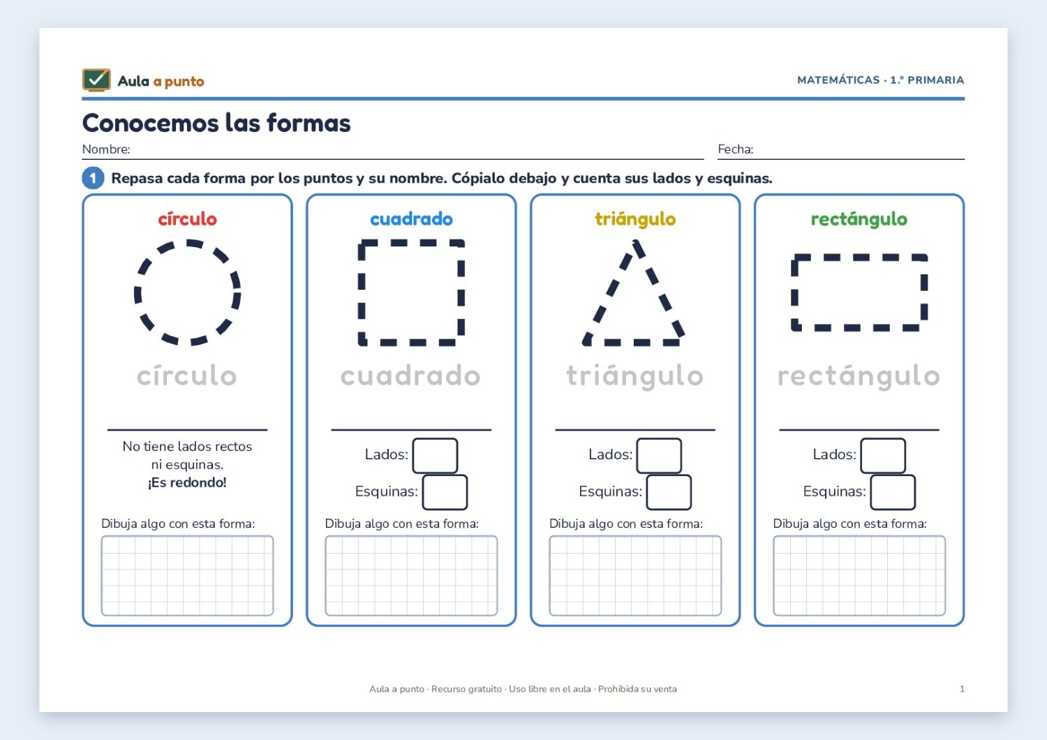 Ficha de las formas planas para 1.º de Primaria (con soluciones)