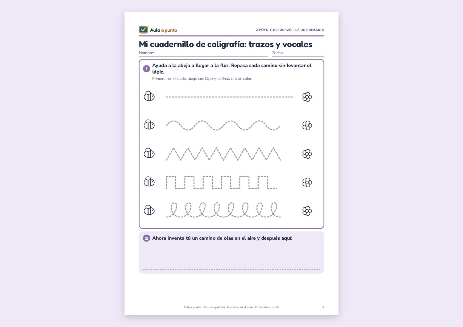 Cuadernillo de caligrafía de las vocales para 1.º de Primaria (gratis, con soluciones)