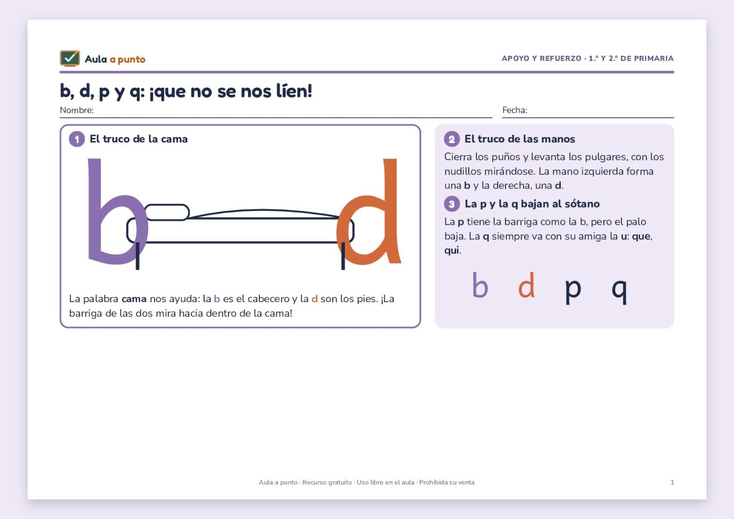 Fichas para no confundir b, d, p y q en 1.º y 2.º de Primaria (dislexia)