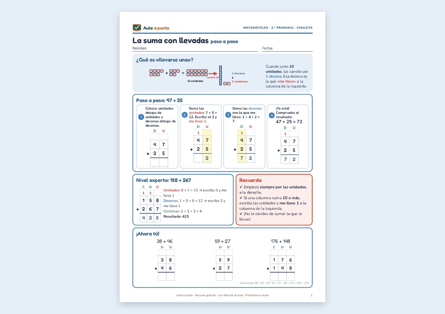 Chuleta de sumas y restas con llevadas para 2.º de Primaria (paso a paso)