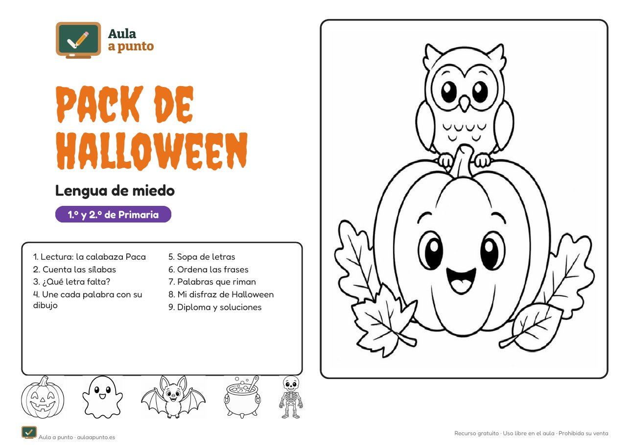Pack de Halloween de Lengua para 1.º y 2.º de Primaria (gratis, con soluciones)