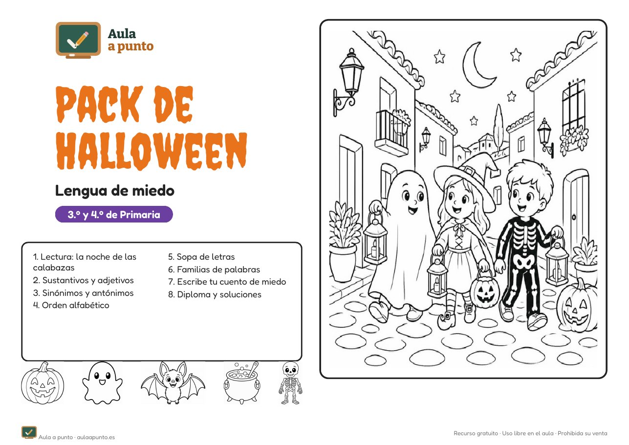 Pack de Halloween de Lengua para 3.º y 4.º de Primaria (gratis, con soluciones)