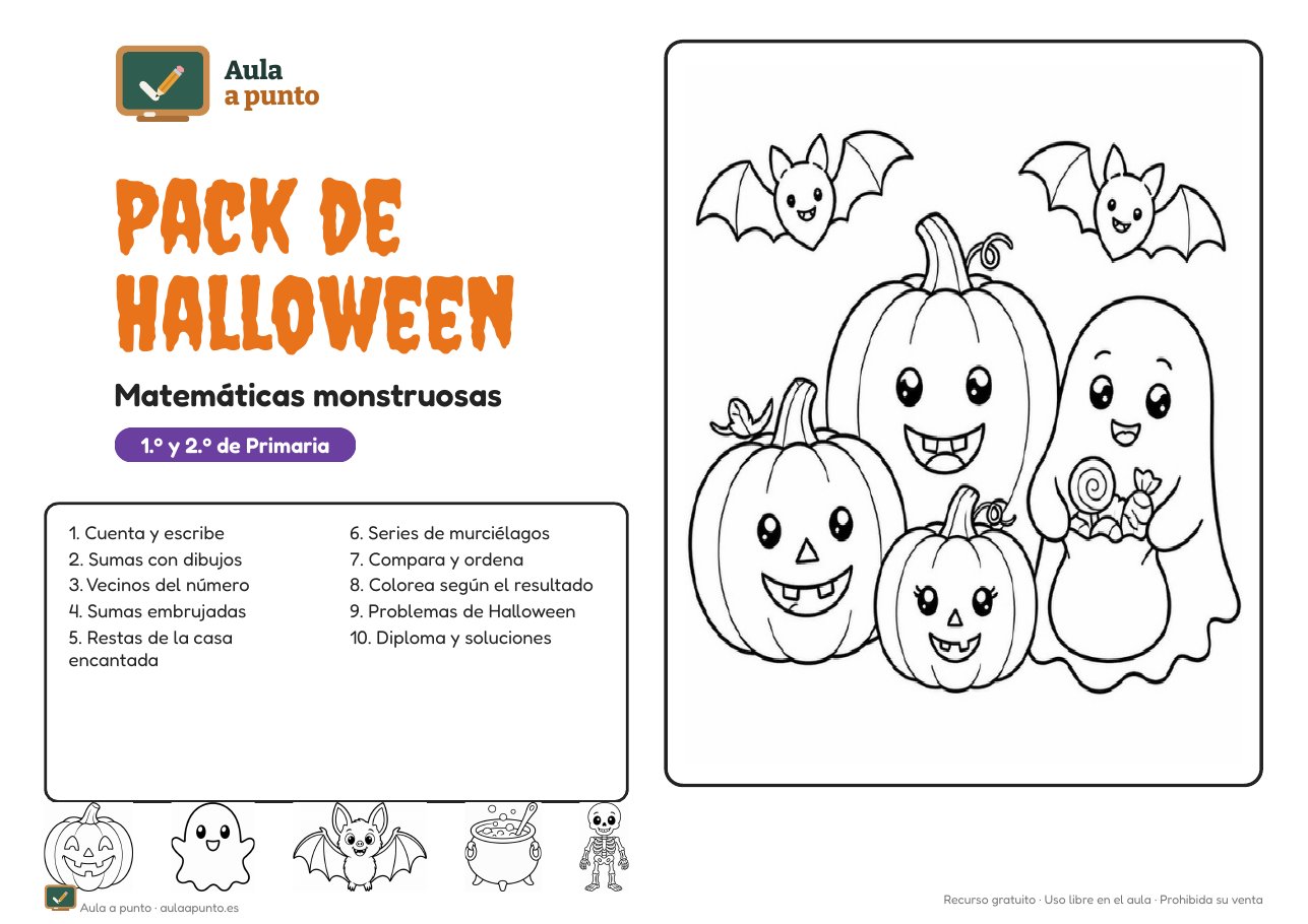 Pack de Halloween de Matemáticas para 1.º y 2.º de Primaria (gratis, con soluciones)