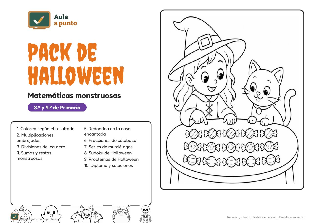 Pack de Halloween de Matemáticas para 3.º y 4.º de Primaria (gratis, con soluciones)
