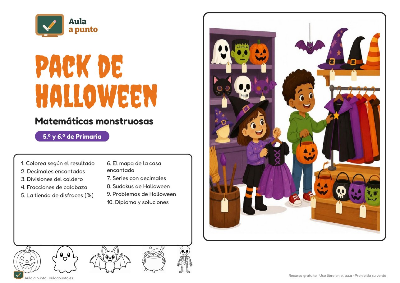 Pack de Halloween de Matemáticas para 5.º y 6.º de Primaria (gratis, con soluciones)